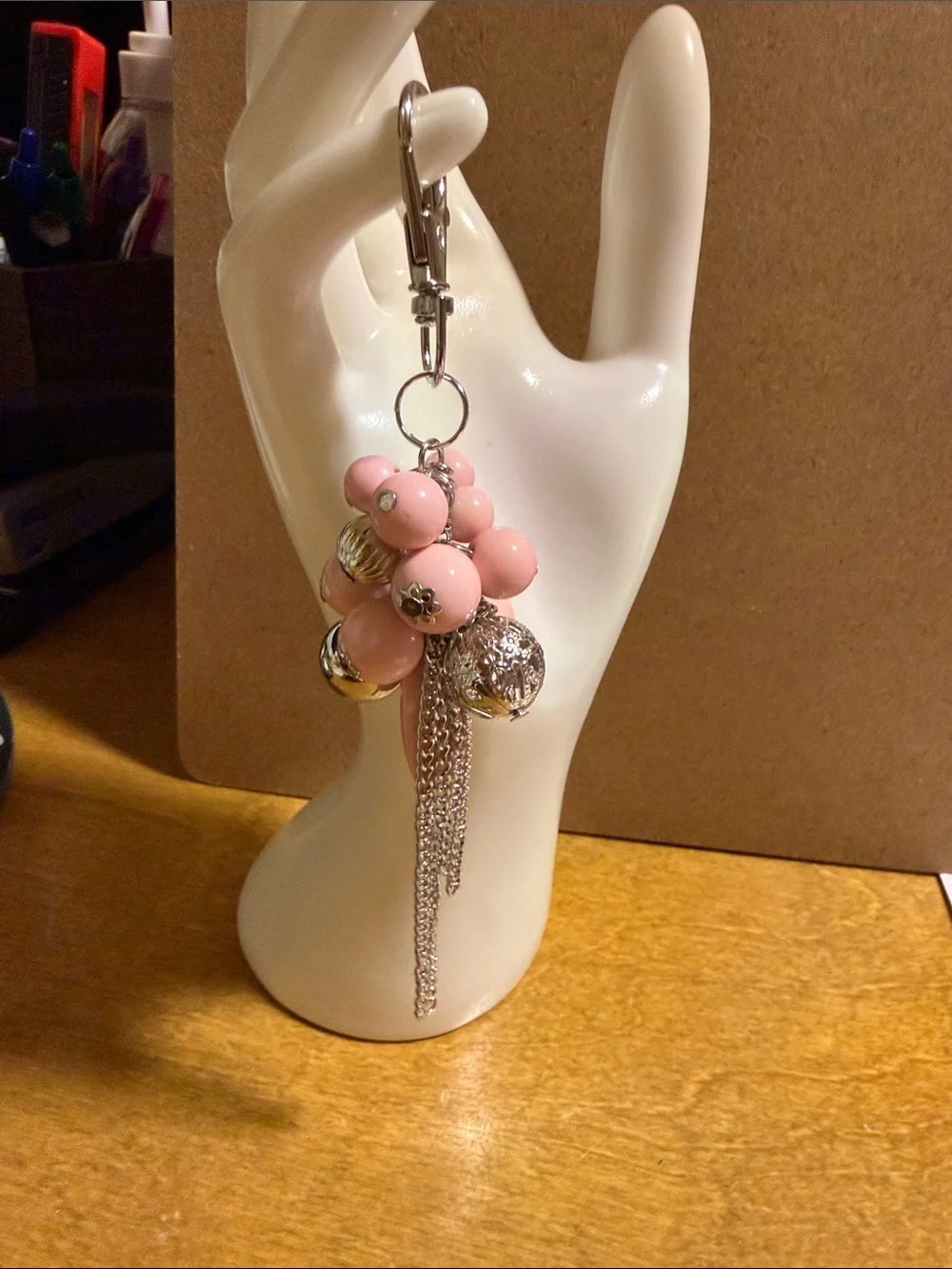 Pink Bead Cluster Keychain Charm with Silver Tassel